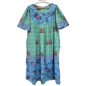 90s Vintage Cotton Kaftan Muumuu Dress‎ Loungewear Floral Boho Cottagecore XL